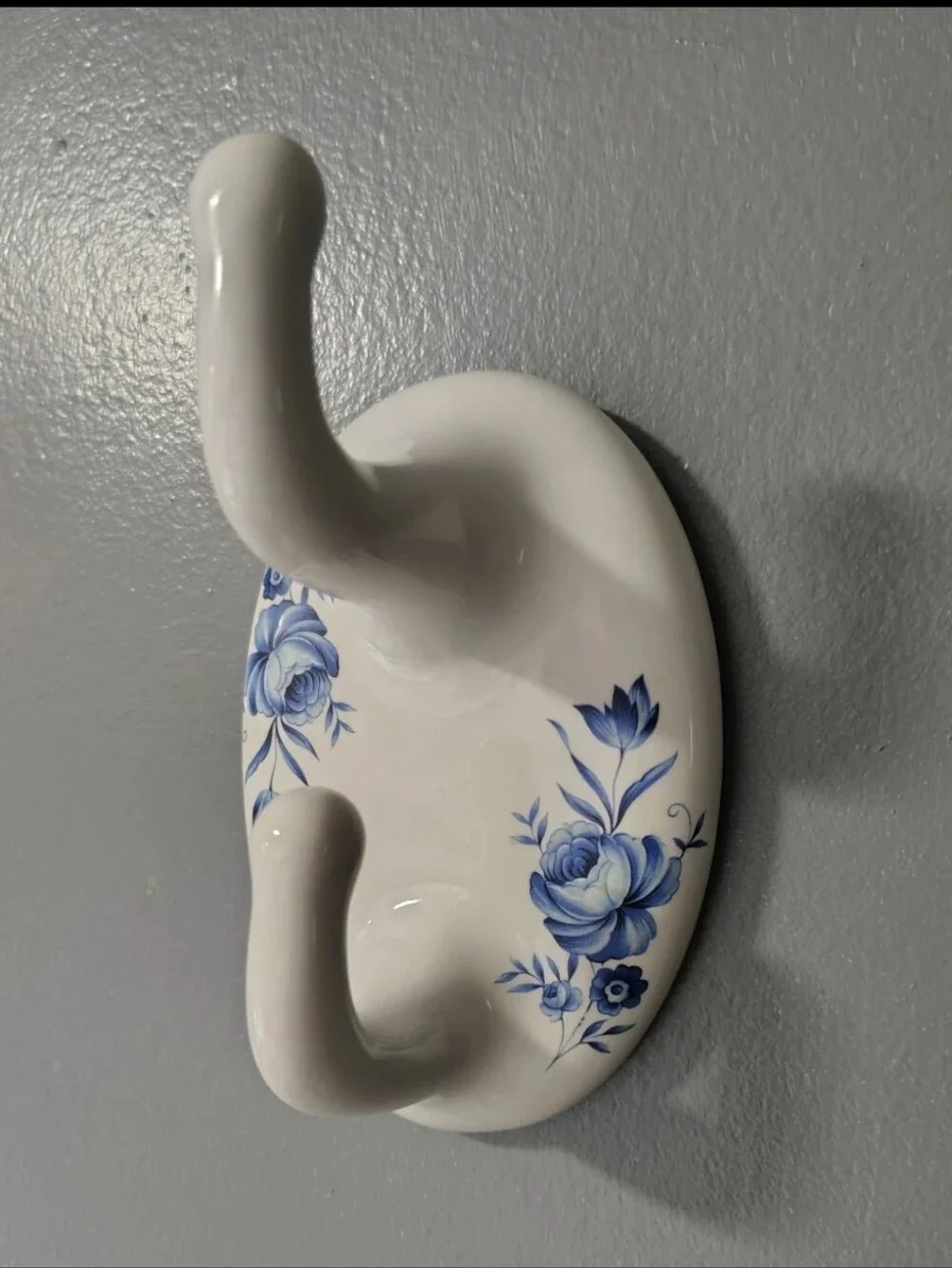 Vintage Double Wall Hook White Porcelain Ceramic Blue Roses